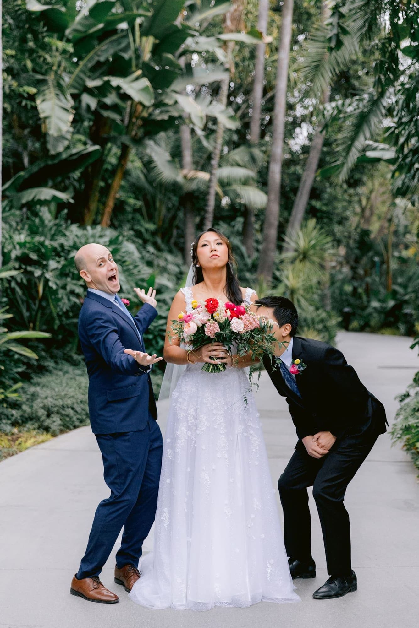 Joyful candid celebration in tropical gardens